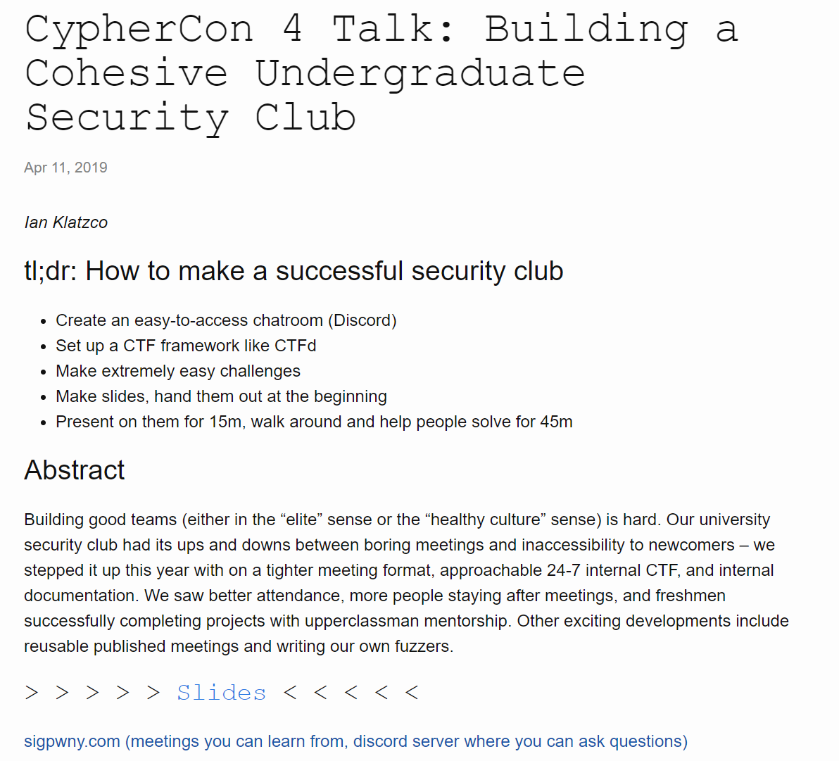 Building a Cohesive Undergraduate Security Club